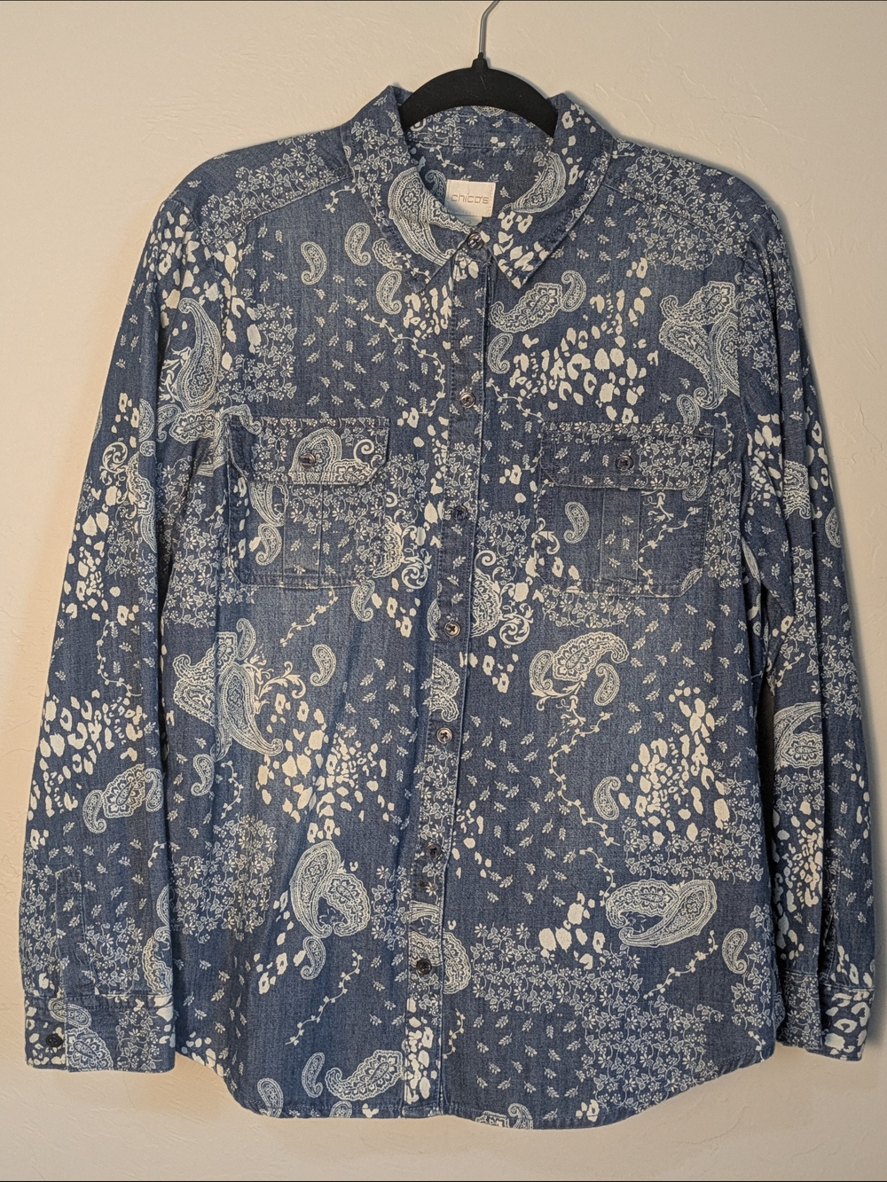 Chico's Blue Chambray Paisley Lightweight Denim Shacket S:2 L/12 Boho Casual